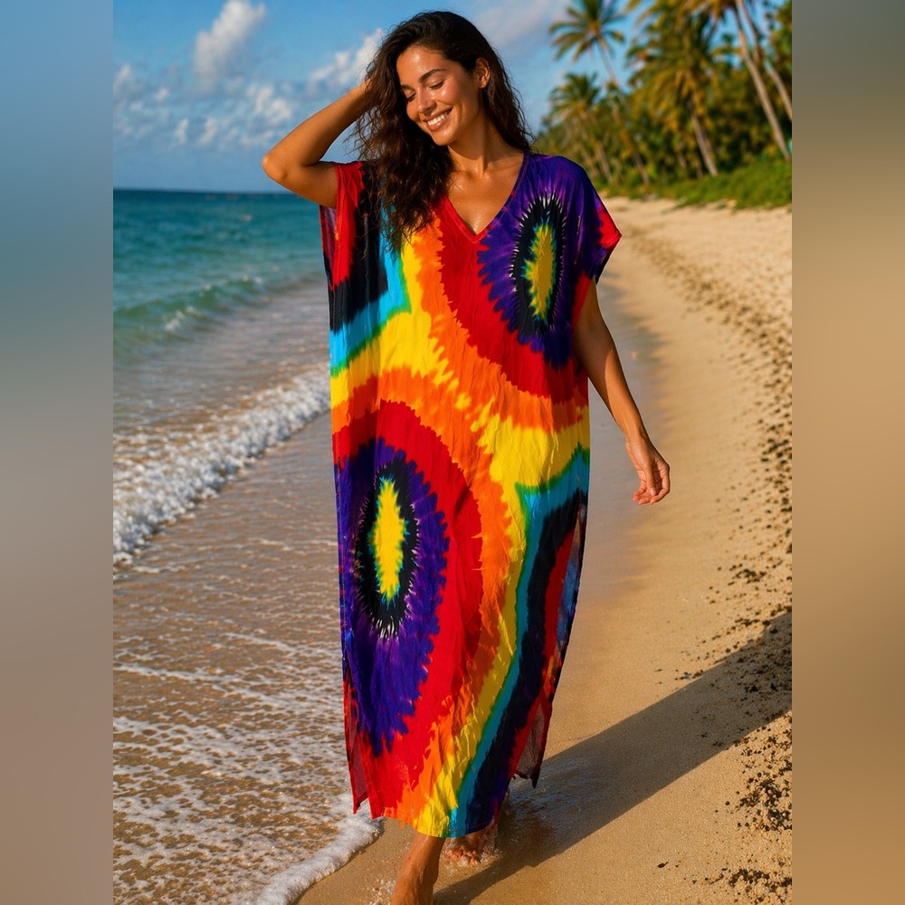 Vibrant Multicolor Tie-Dye Beach Flowy Cover-Up/Kaftan (OS)